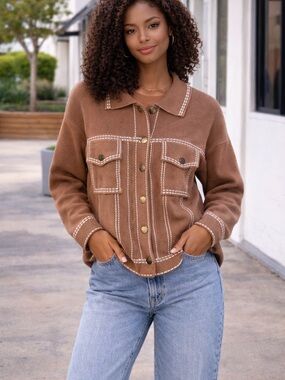 Women's Brown Button-Front Jean Jacket with Contrast Stitching